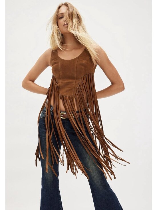 Free People Tops - Free People Leather Fringe Tank Top Brown Goat Suede Western Boho Size M NWT